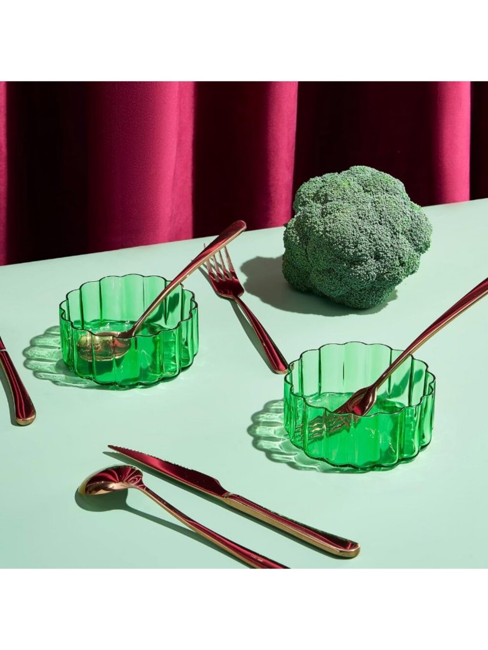 Vintage Pastel Green Glass Bowls Set of 2 | Wavy Serveware for Dinner & Dessert